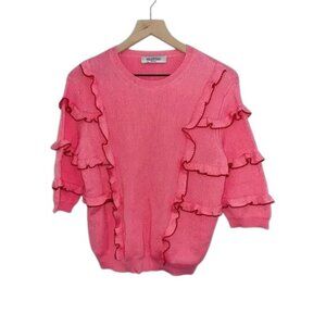 Valentino Women's Crew Neck Cotton Knit Ruffle Trim Sweater Pink Size M